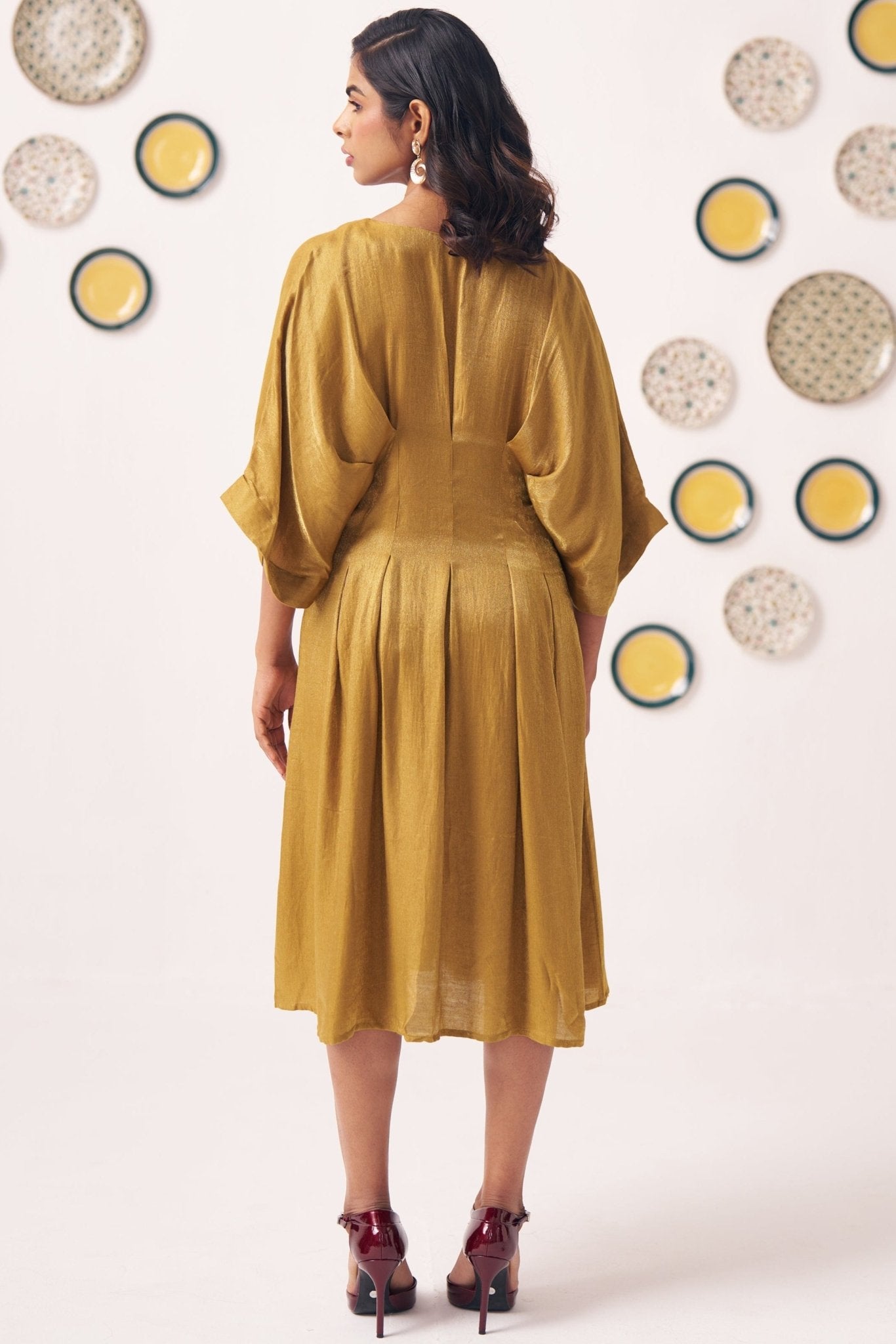 Gold Shimmer Pleated Festive Dress - Western Era Dresses for women