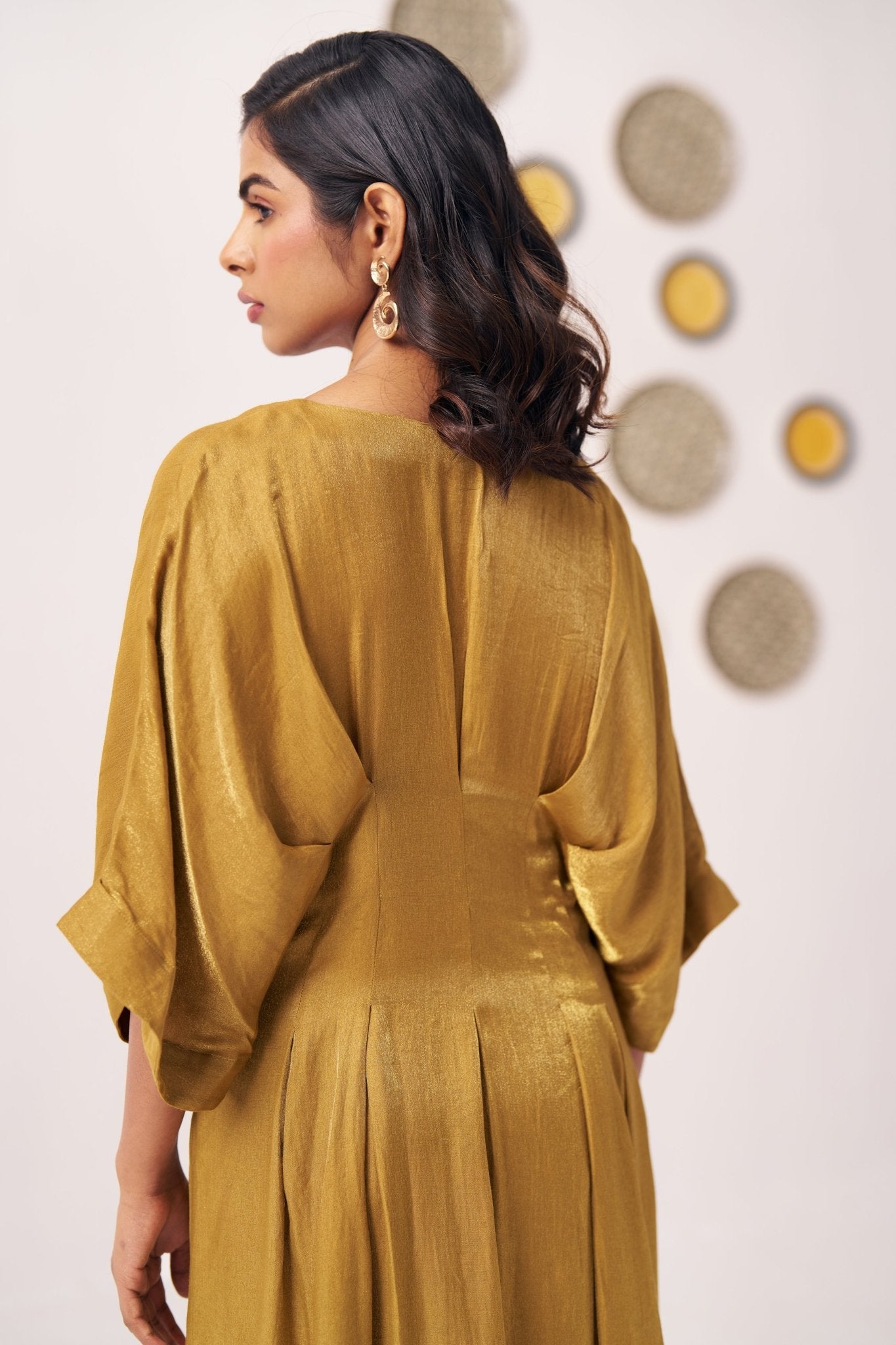 Gold Shimmer Pleated Festive Dress - Western Era Dresses for women