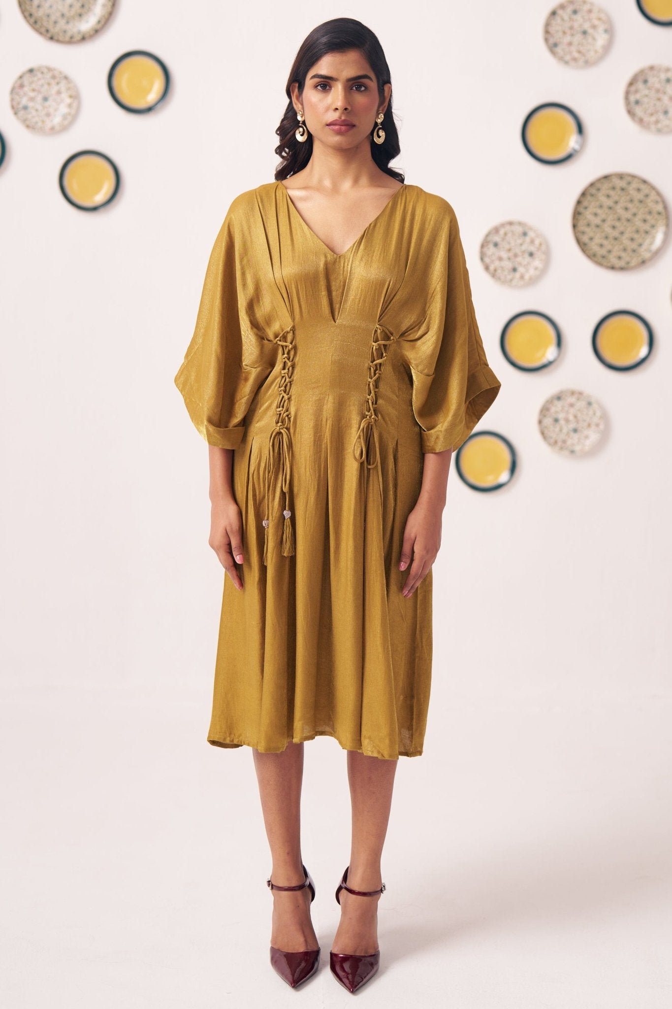 Gold Shimmer Pleated Festive Dress - Western Era Dresses for women