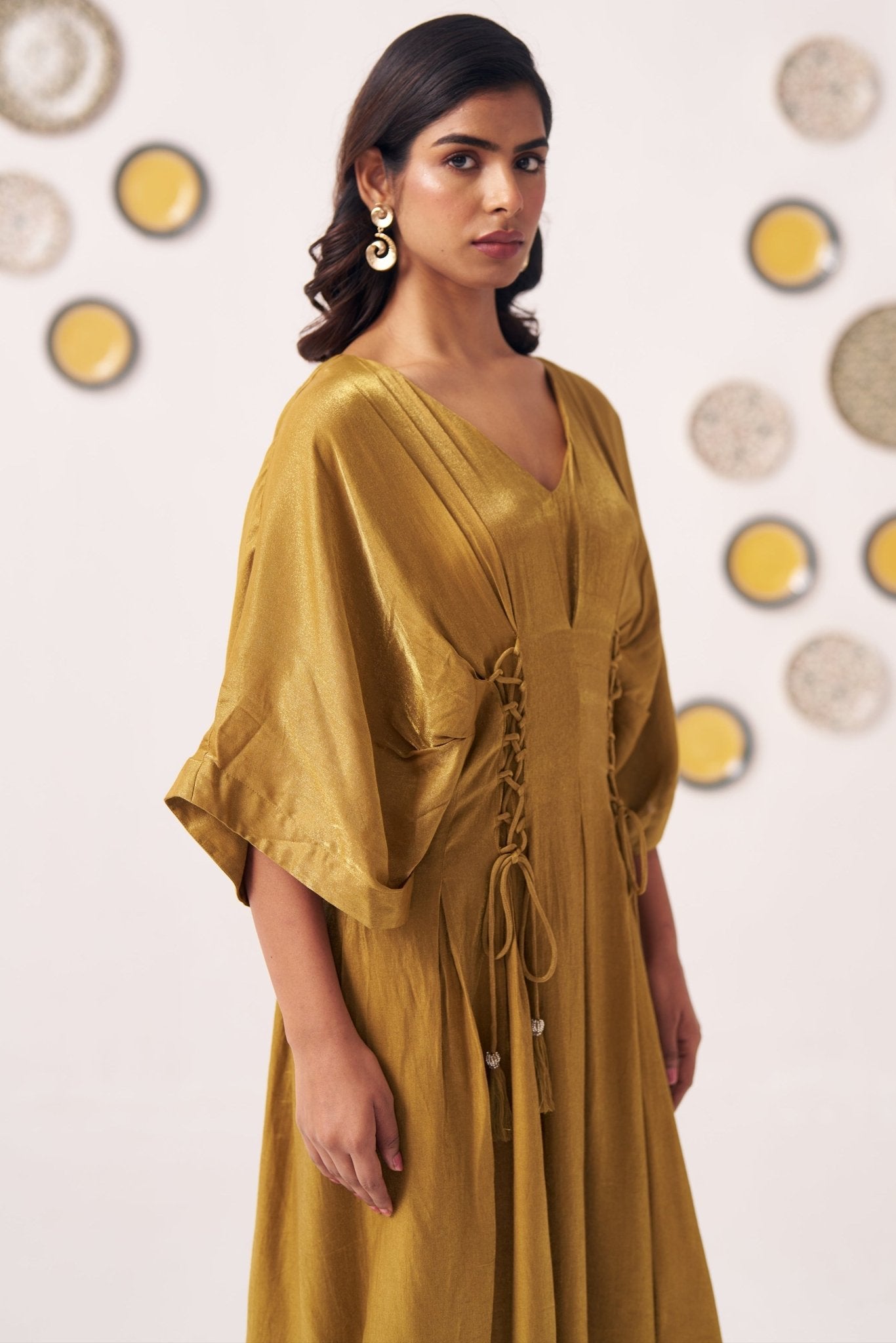 Gold Shimmer Pleated Festive Dress - Western Era Dresses for women