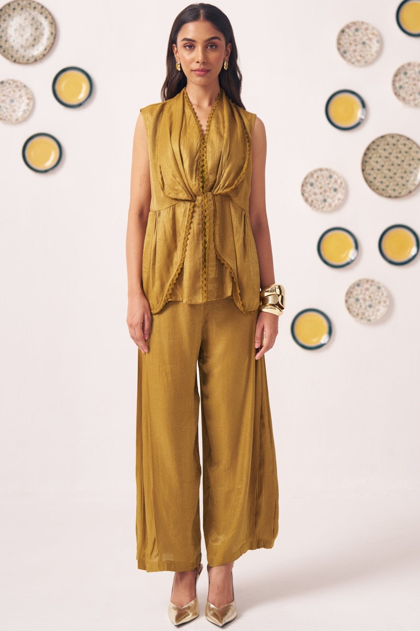 Gold Shimmering Lace Top and Pant Festive Set - Western Era Co - ord set for women