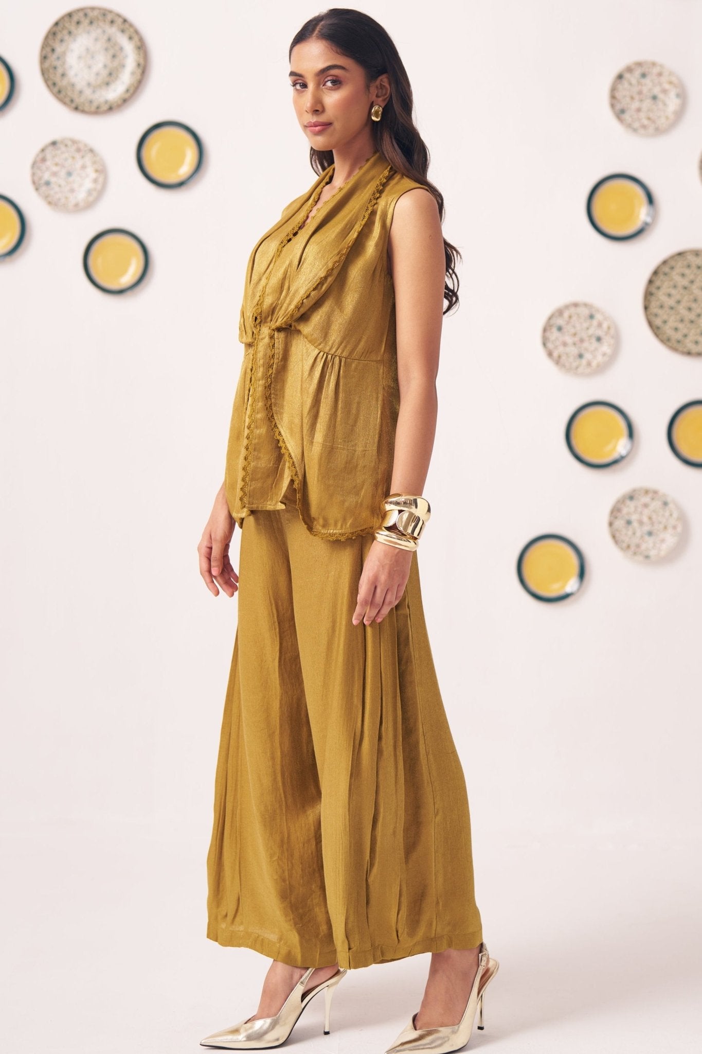 Gold Shimmering Lace Top and Pant Festive Set - Western Era Co - ord set for women