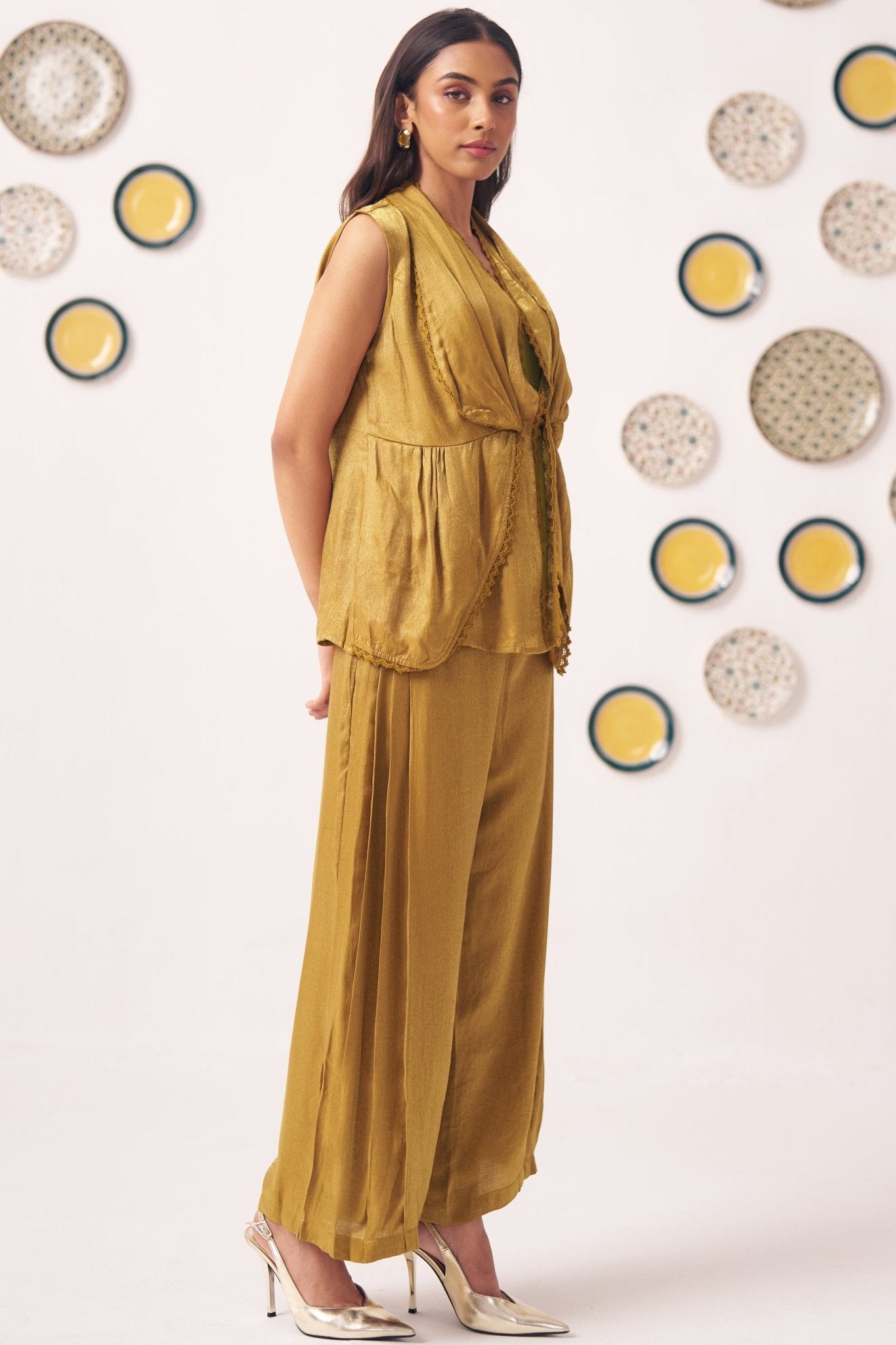 Gold Shimmering Lace Top and Pant Festive Set - Western Era Co - ord set for women