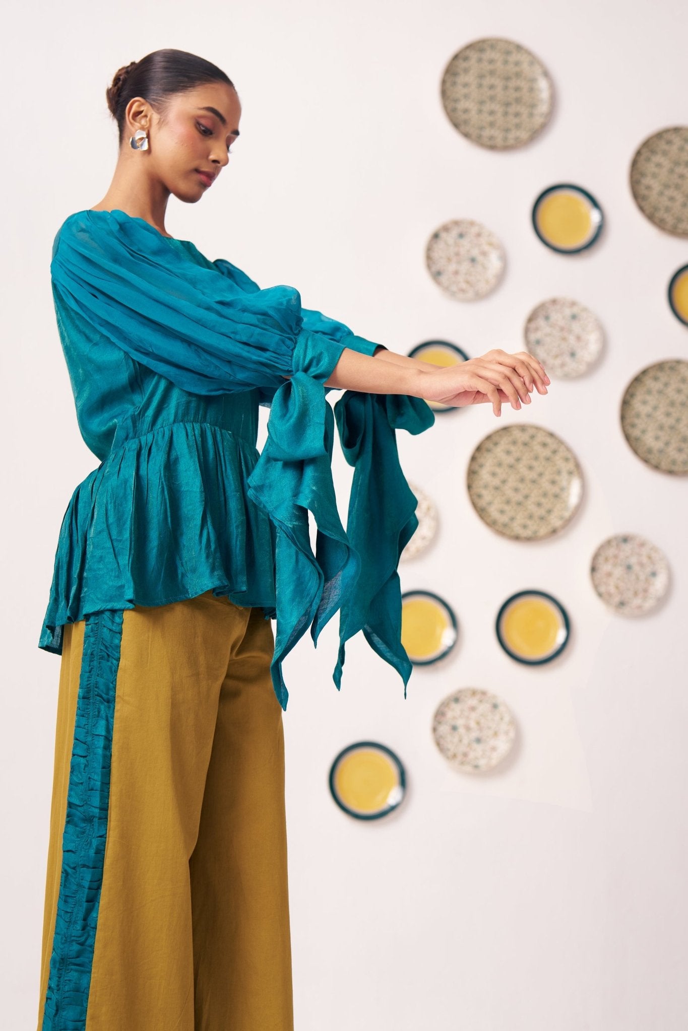 Gold with Navy Side Ruching Trouser - Western Era trousers for women