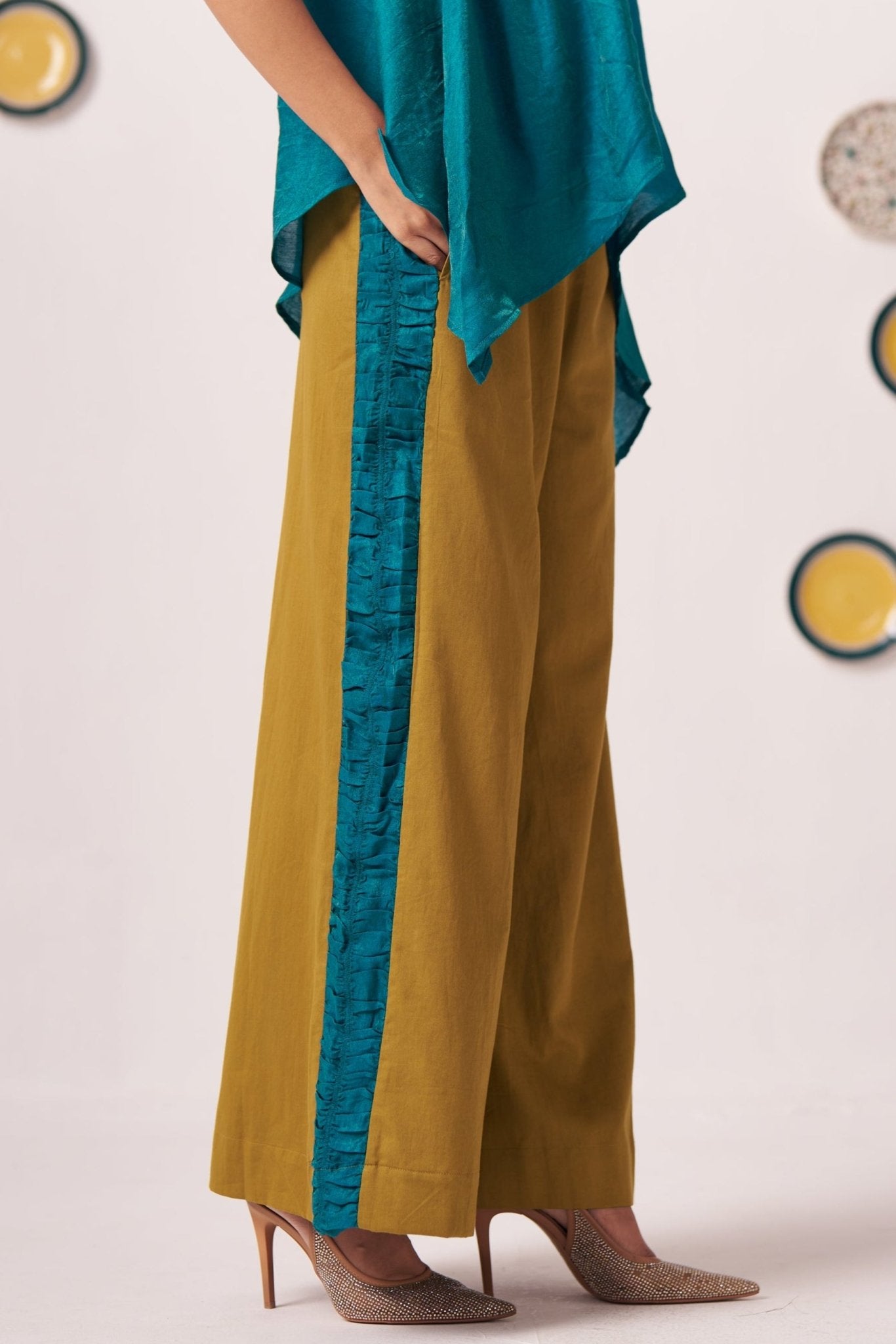 Gold with Navy Side Ruching Trouser - Western Era trousers for women