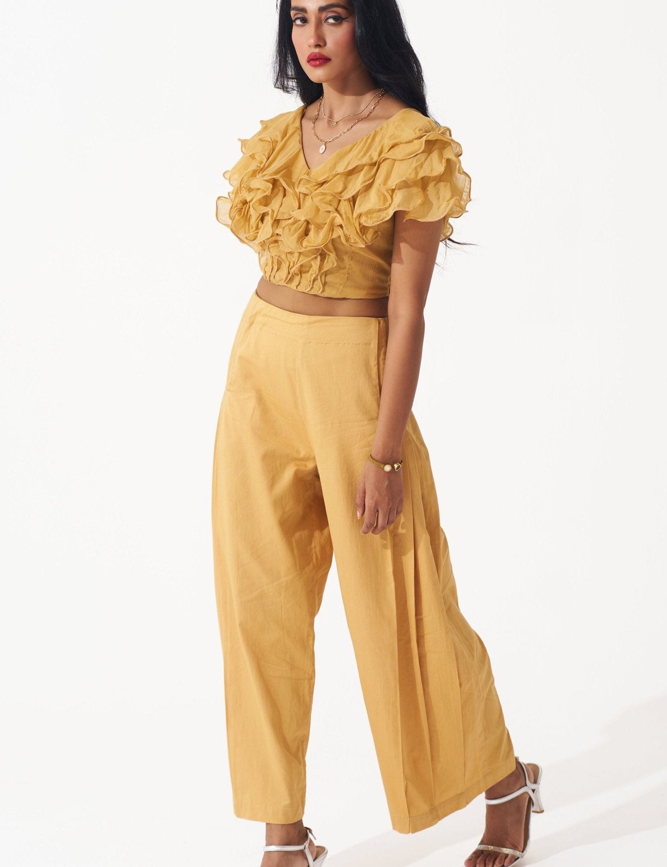 Golden Ruffled Crop Top With Pleated Pant Co - ord Set - Western Era Cordset for women