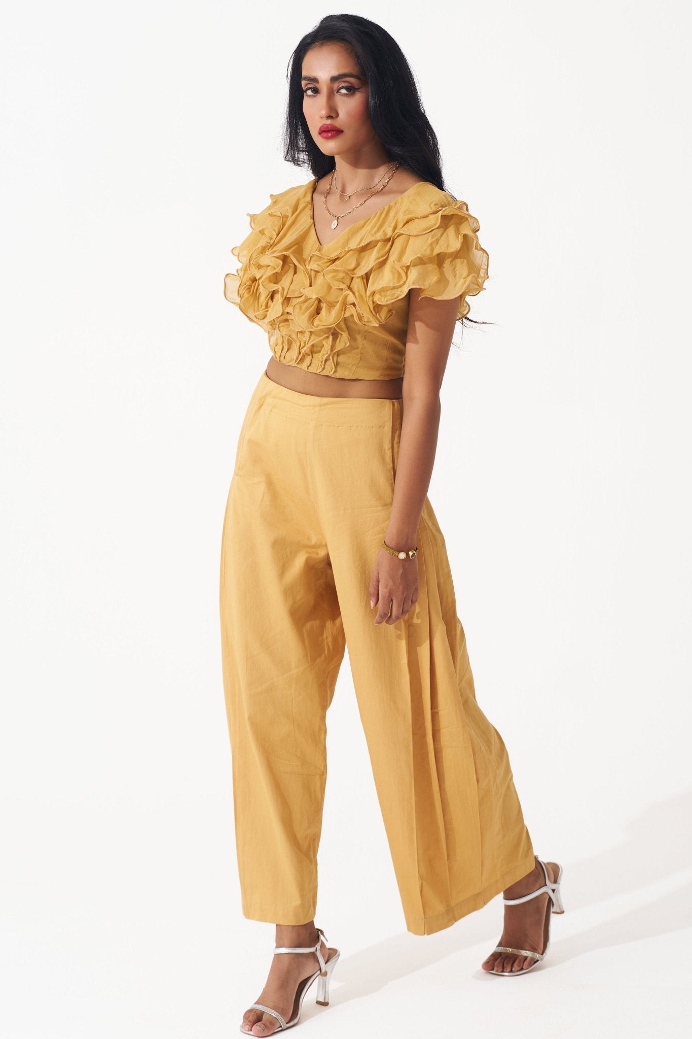 Golden Ruffled Crop Top With Pleated Pant Co - ord Set - Western Era Cordset for women