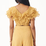 Golden Ruffled Crop Top With Pleated Pant Co - ord Set - Western Era Cordset for women
