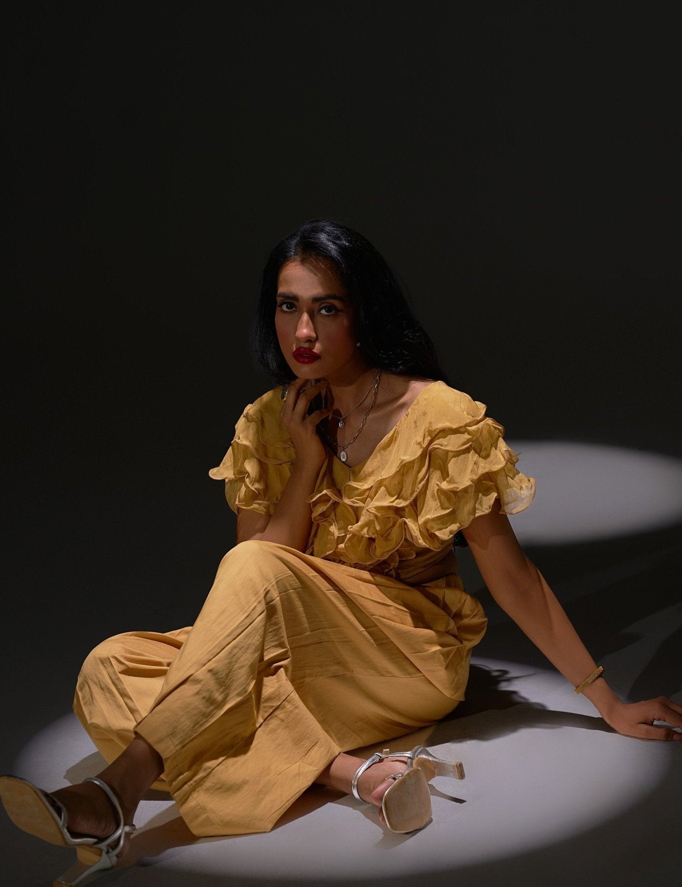 Golden Ruffled Crop Top With Pleated Pant Co - ord Set - Western Era Cordset for women