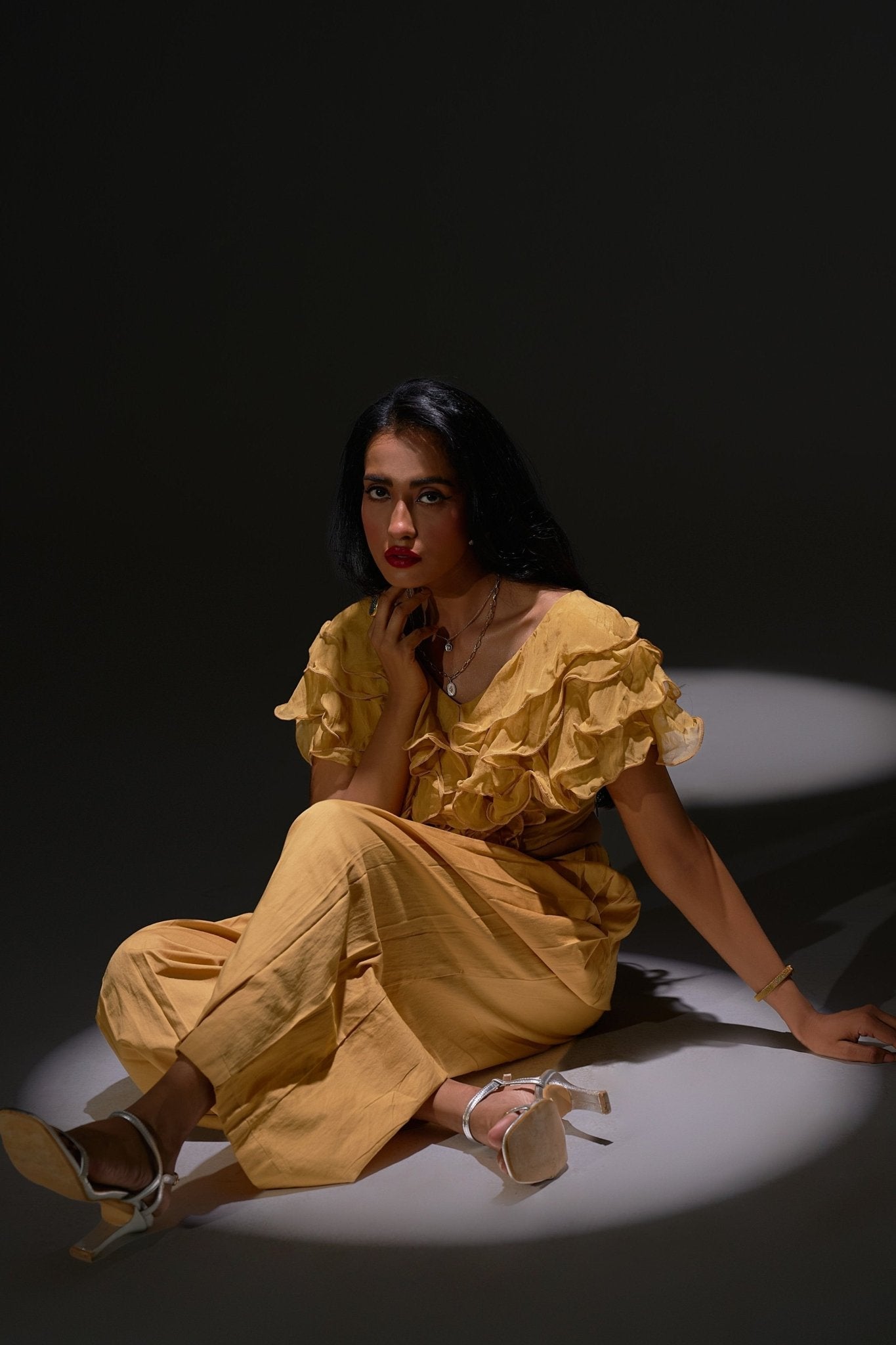 Golden Ruffled Crop Top With Pleated Pant Co - ord Set - Western Era Cordset for women