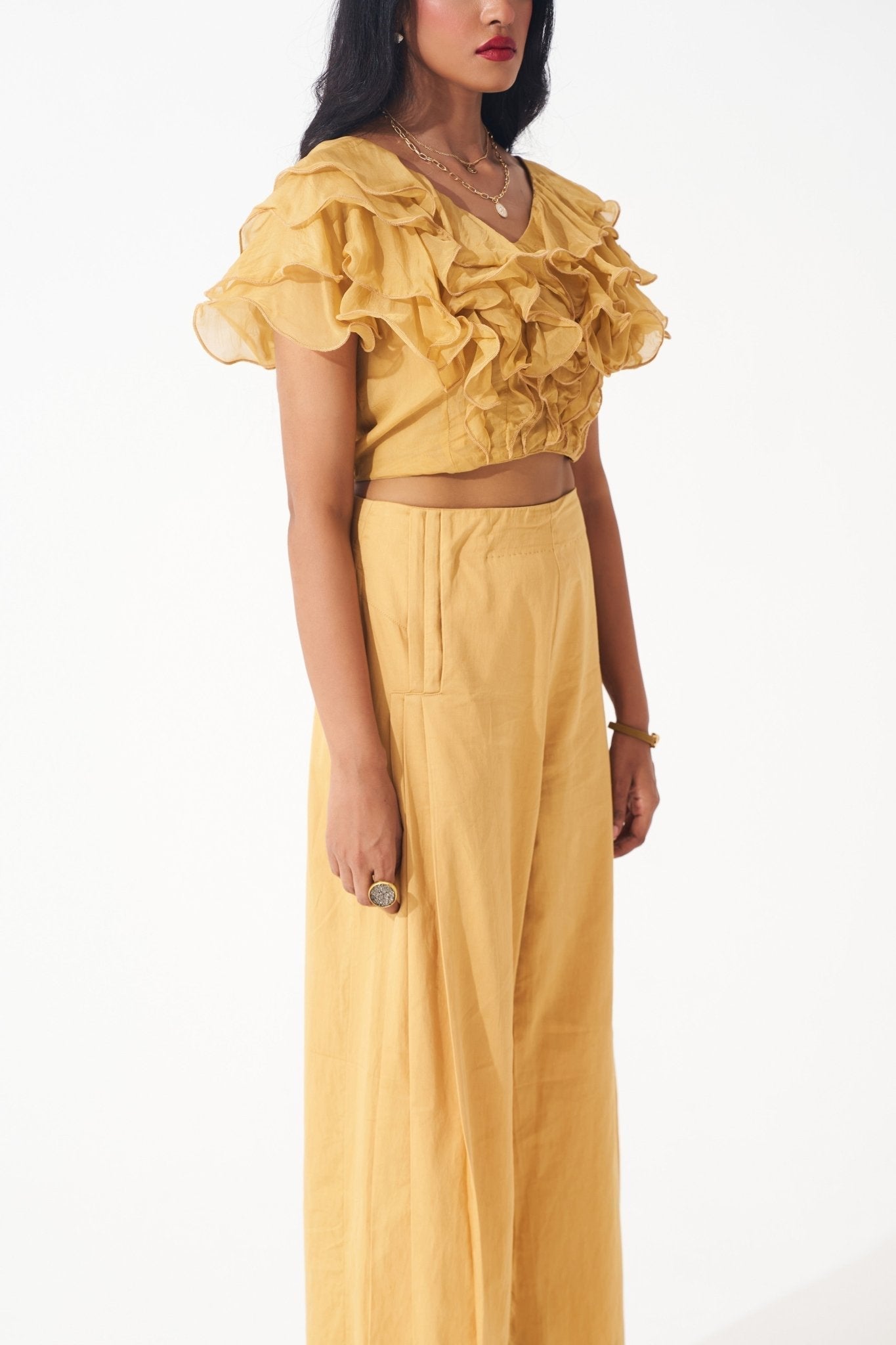 Golden Ruffled Crop Top With Pleated Pant Co - ord Set - Western Era Cordset for women