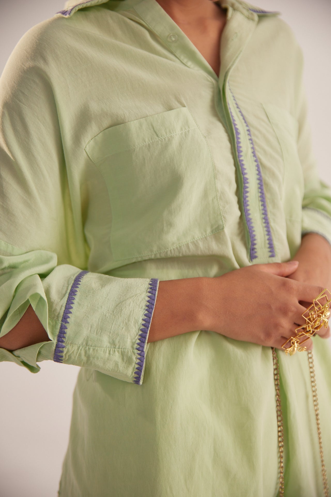Green Collar Embroidered Oversized Shirt - Western Era Tops for women