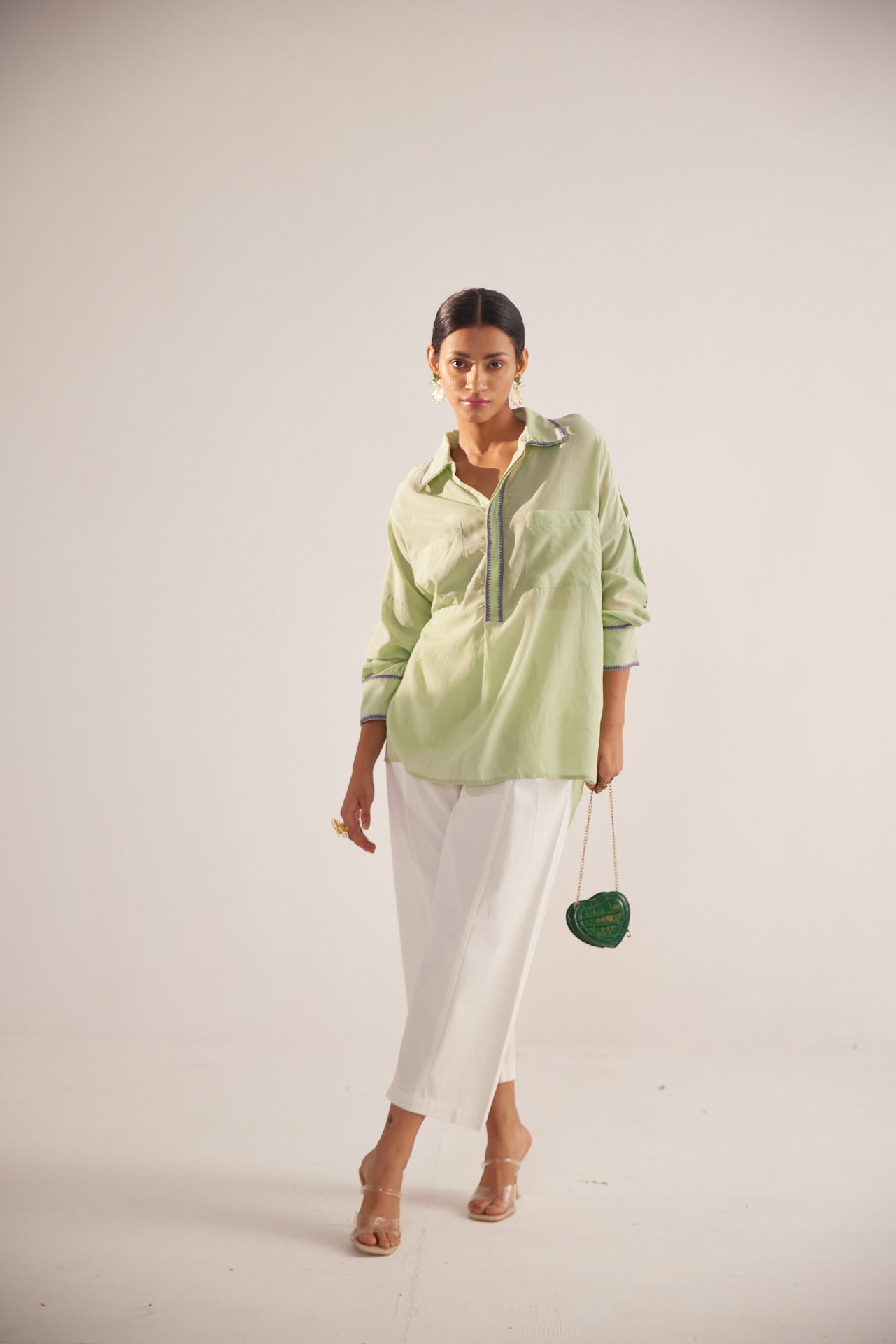 Green Collar Embroidered Oversized Shirt - Western Era Tops for women