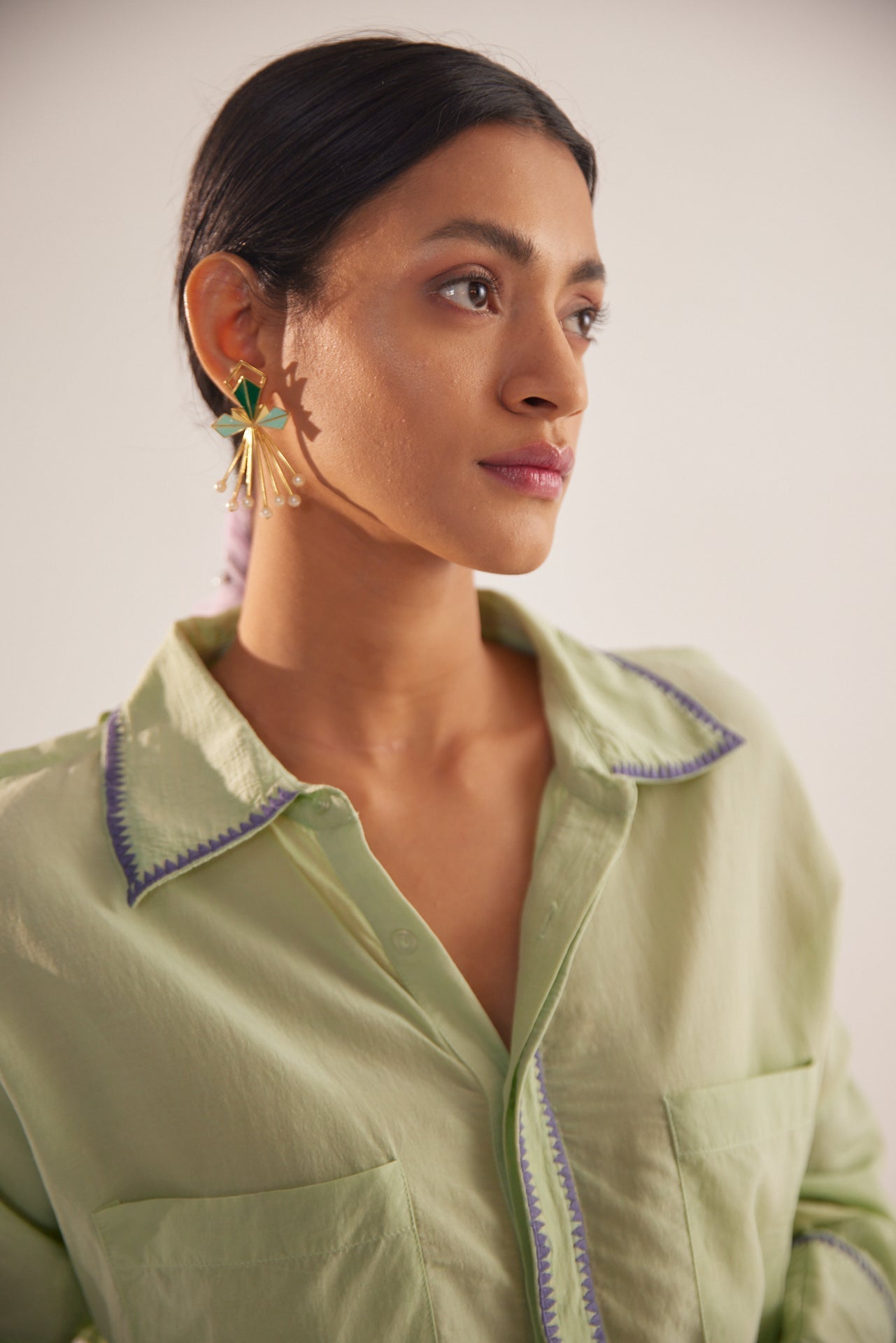 Green Collar Embroidered Oversized Shirt - Western Era Tops for women