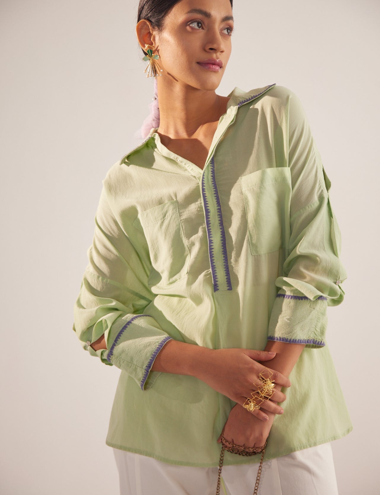 Green Collar Embroidered Oversized Shirt - Western Era Tops for women