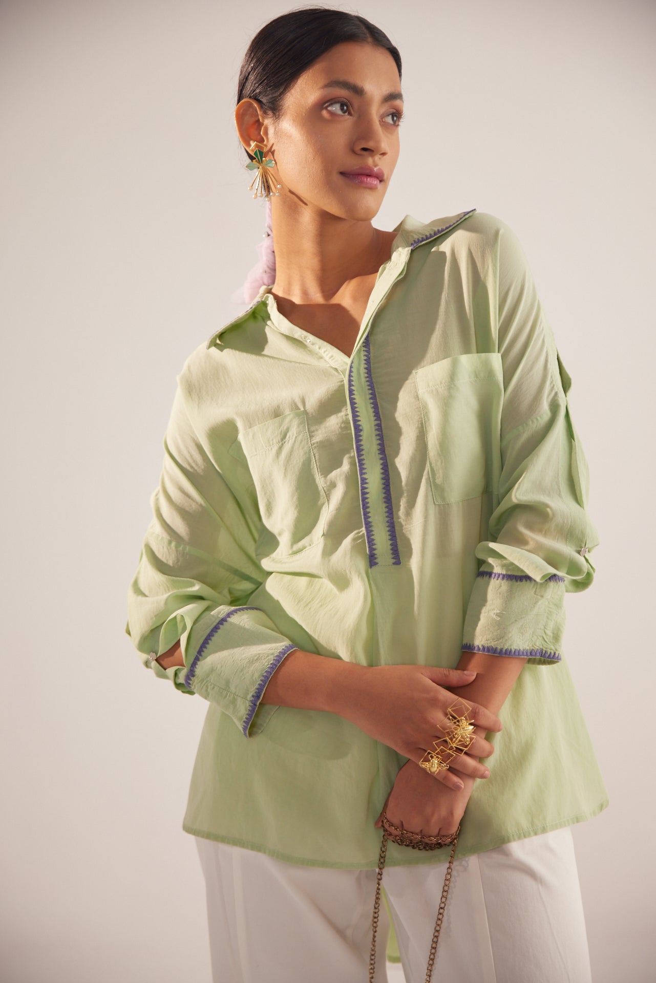 Green Collar Embroidered Oversized Shirt - Western Era Tops for women