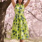 Green Floral Print Sleeveless Front Loop Flared Midi Dress - Western Era Dresses for women