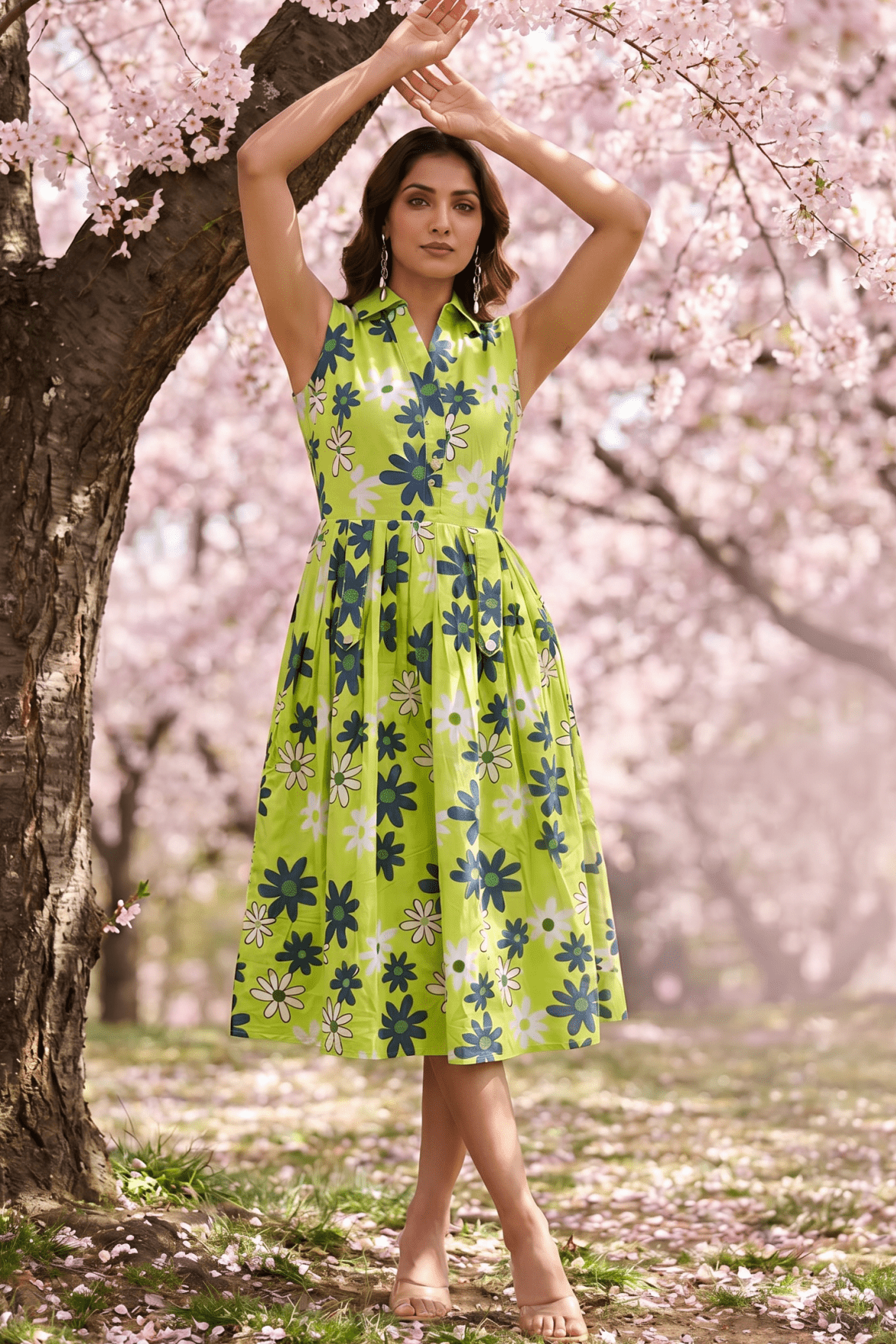 Green Floral Print Sleeveless Front Loop Flared Midi Dress
