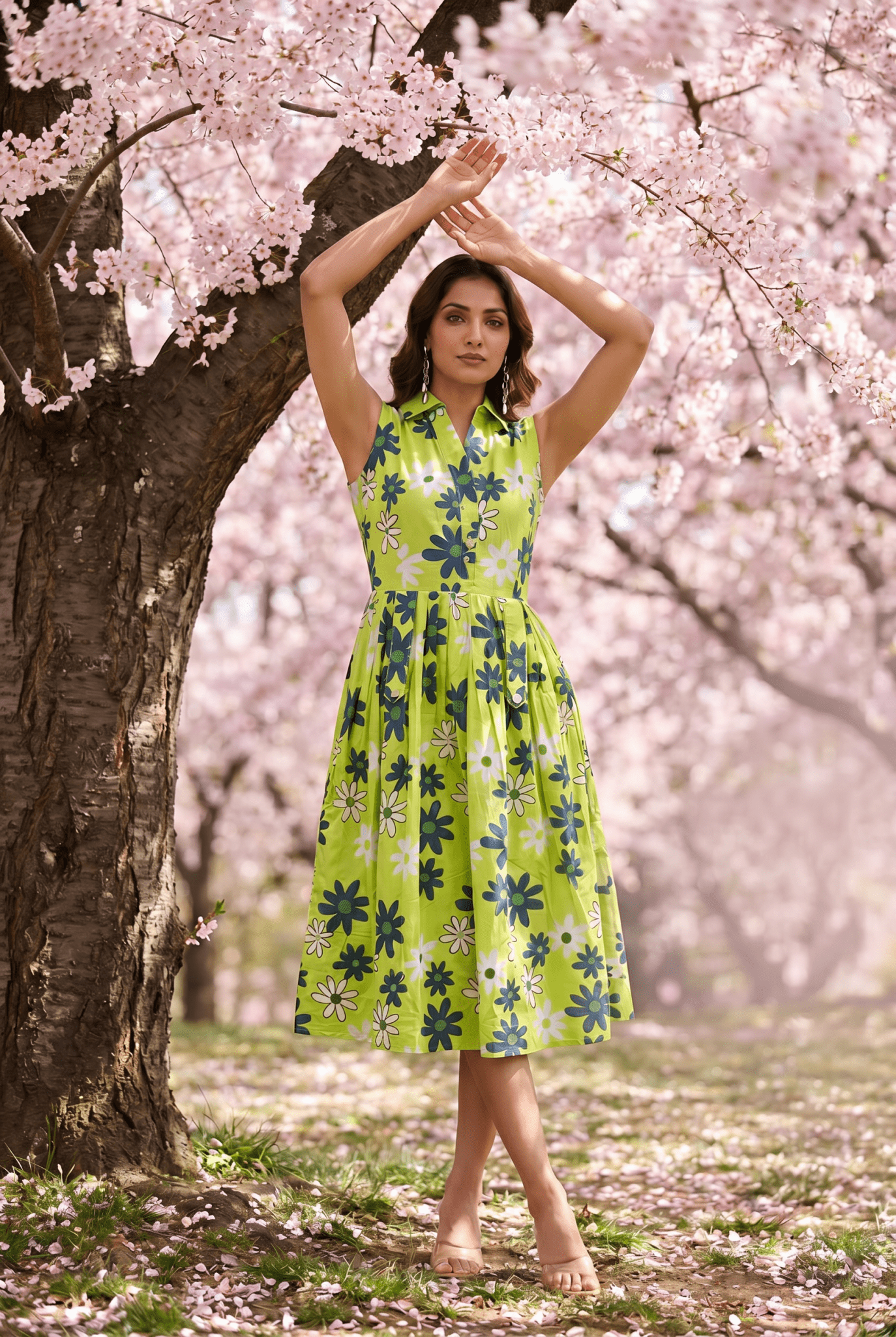 Green Floral Print Sleeveless Front Loop Flared Midi Dress - Western Era Dresses for women