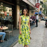 Green Floral Print Sleeveless Front Loop Flared Midi Dress - Western Era Dresses for women