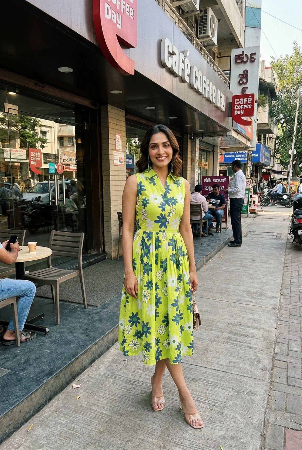 Green Floral Print Sleeveless Front Loop Flared Midi Dress - Western Era Dresses for women