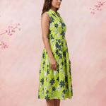Green Floral Print Sleeveless Front Loop Flared Midi Dress - Western Era Dresses for women