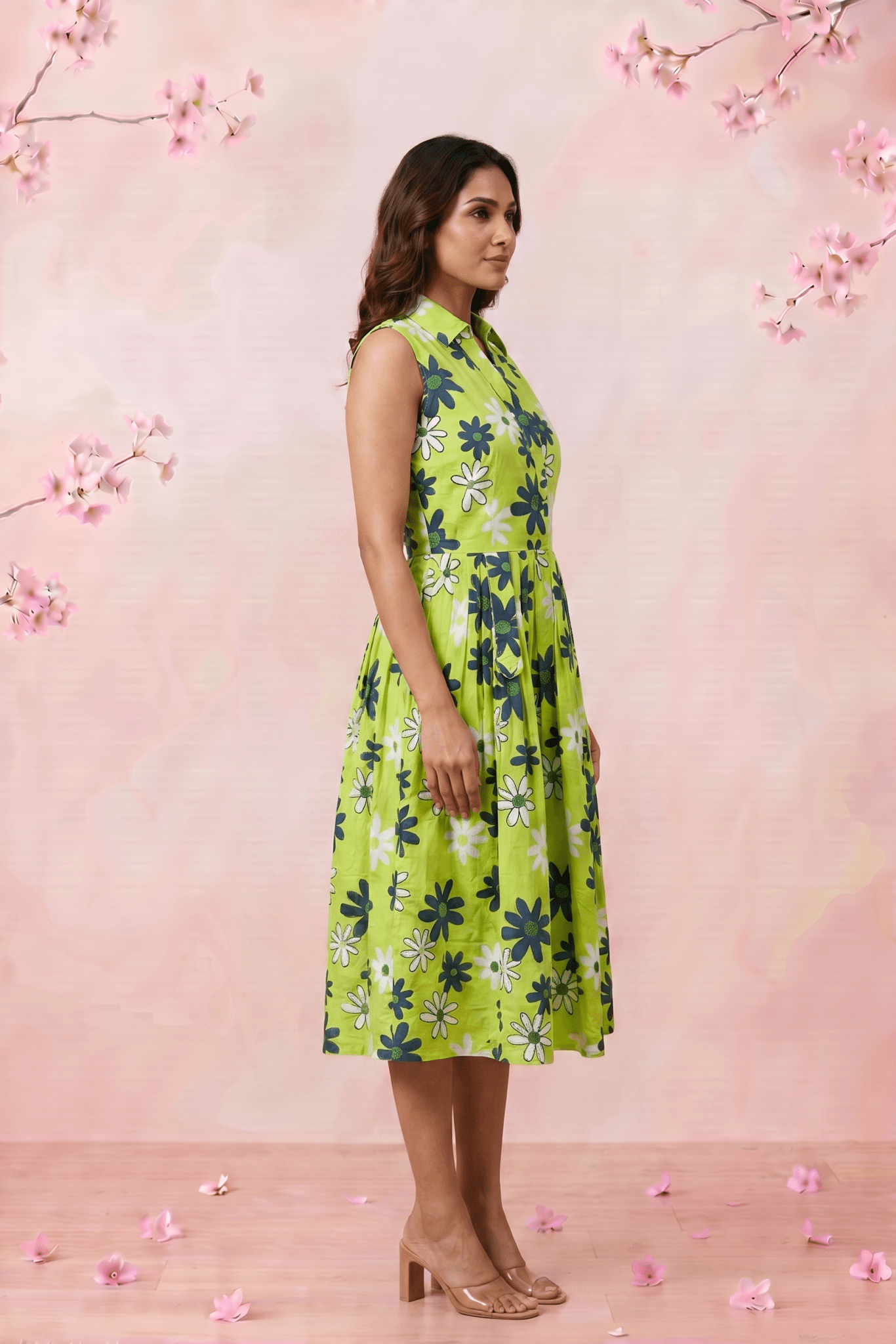 Green Floral Print Sleeveless Front Loop Flared Midi Dress - Western Era Dresses for women