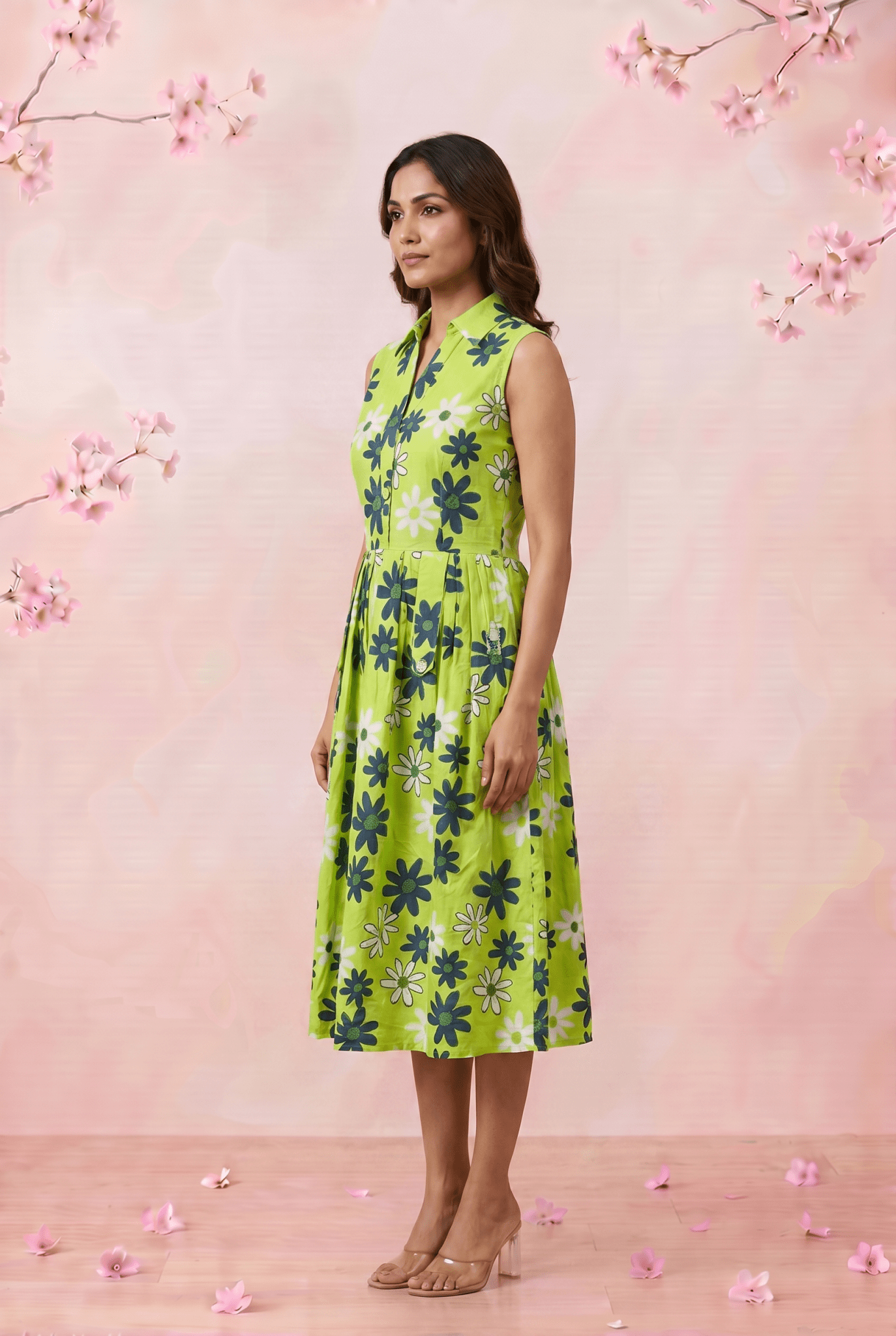 Green Floral Print Sleeveless Front Loop Flared Midi Dress - Western Era Dresses for women
