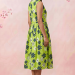 Green Floral Print Sleeveless Front Loop Flared Midi Dress - Western Era Dresses for women