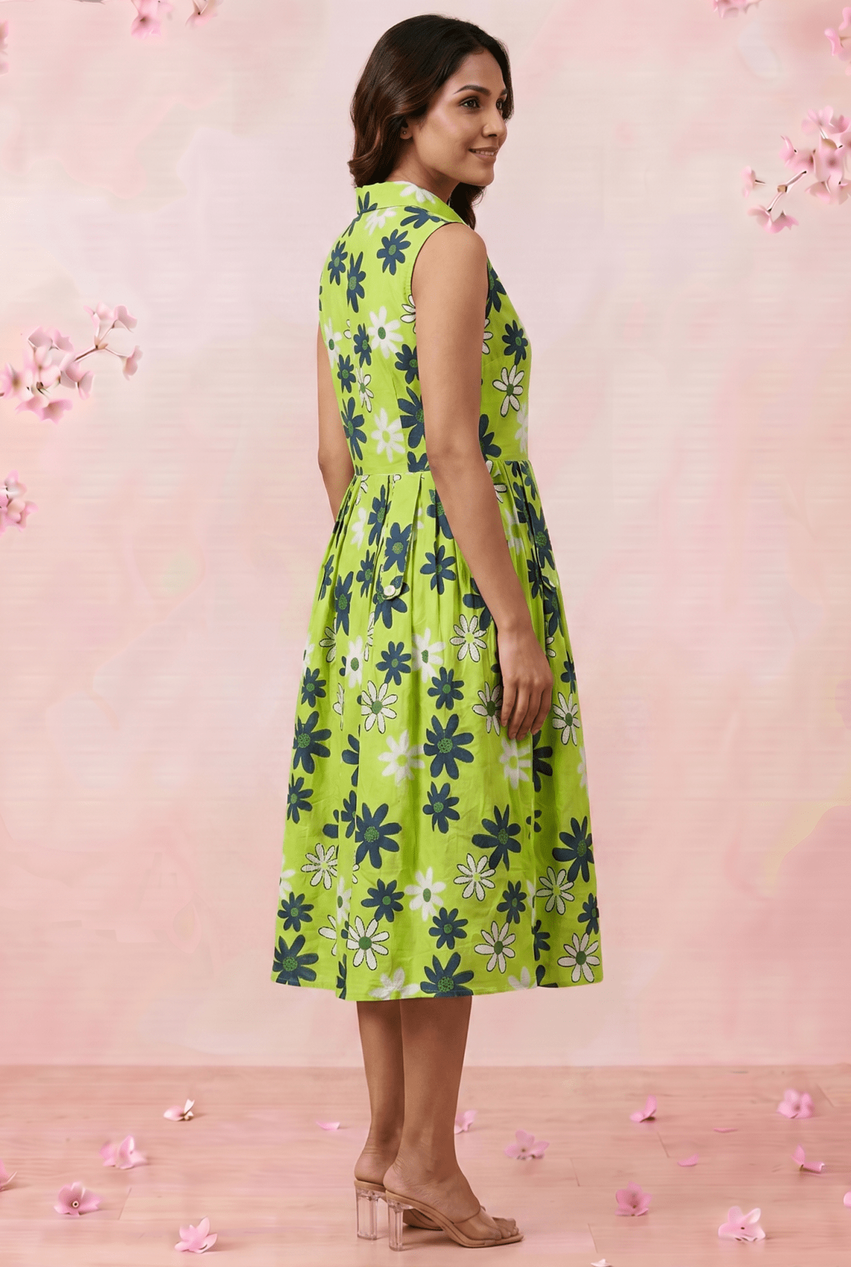 Green Floral Print Sleeveless Front Loop Flared Midi Dress - Western Era Dresses for women