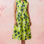 Green Floral Print Sleeveless Front Loop Flared Midi Dress - Western Era Dresses for women