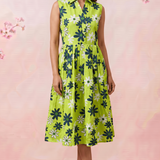 Green Floral Print Sleeveless Front Loop Flared Midi Dress - Western Era Dresses for women