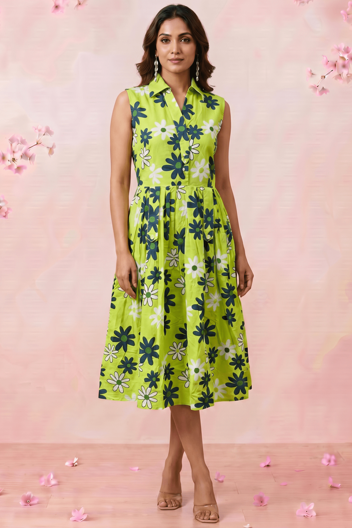 Green Floral Print Sleeveless Front Loop Flared Midi Dress - Western Era Dresses for women