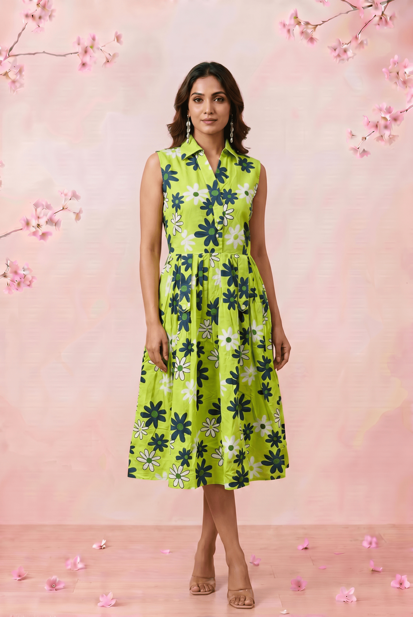 Green Floral Print Sleeveless Front Loop Flared Midi Dress - Western Era Dresses for women