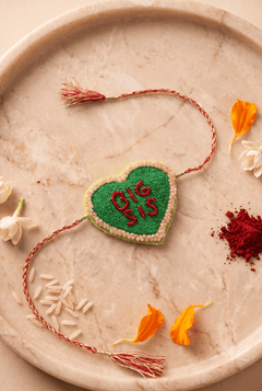 Green Heart Shaped Rakhi with Pink Beadwork - Western Era Rakhi for women