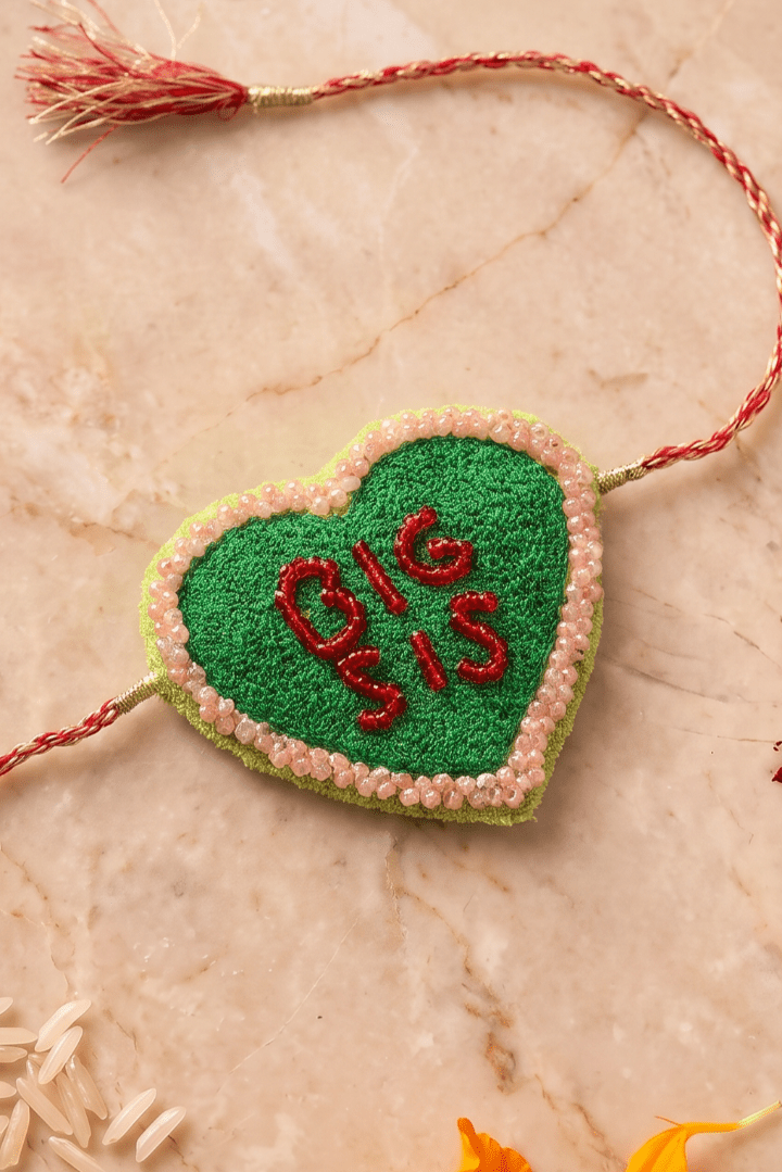 Green Heart Shaped Rakhi with Pink Beadwork - Western Era Rakhi for women