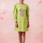 Green Hue Puff Sleeves with Structured Cuffs Embroidery Midi Dress - Western Era Dresses for women