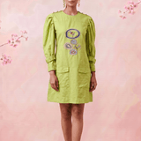 Green Hue Puff Sleeves with Structured Cuffs Embroidery Midi Dress - Western Era Dresses for women