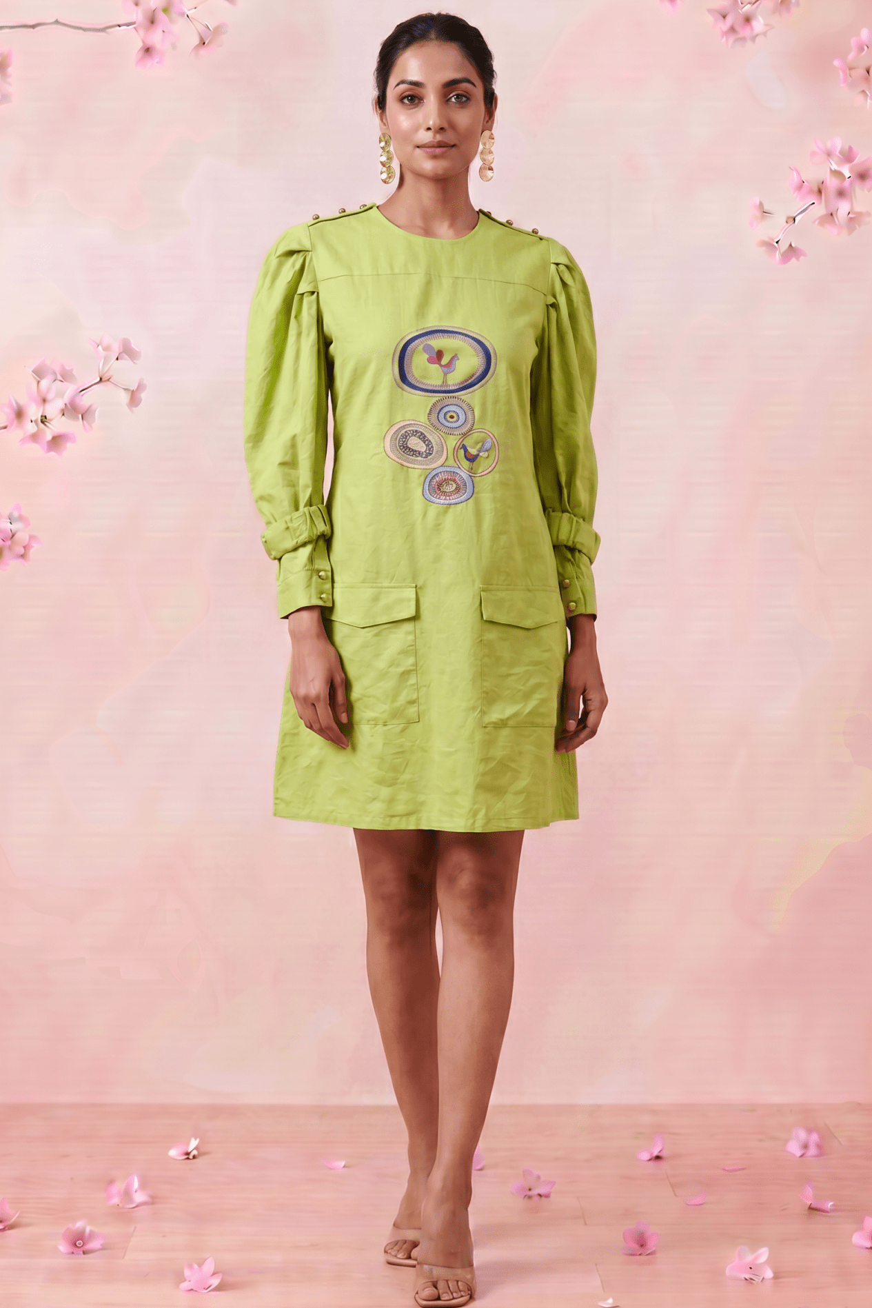 Green Hue Puff Sleeves with Structured Cuffs Embroidery Midi Dress - Western Era Dresses for women