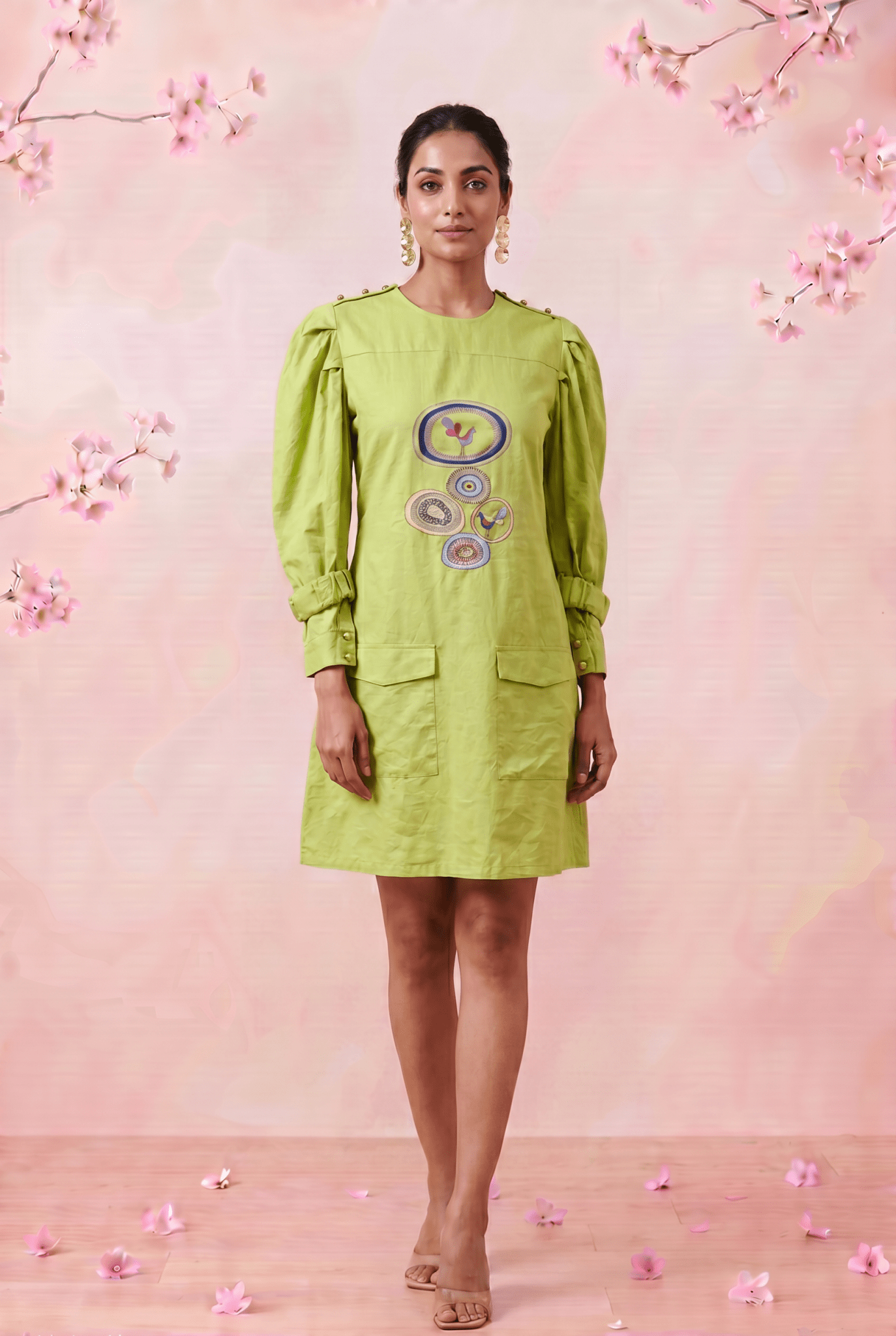 Green Hue Puff Sleeves with Structured Cuffs Embroidery Midi Dress - Western Era Dresses for women