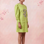 Green Hue Puff Sleeves with Structured Cuffs Embroidery Midi Dress - Western Era Dresses for women