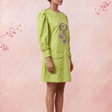 Green Hue Puff Sleeves with Structured Cuffs Embroidery Midi Dress - Western Era Dresses for women
