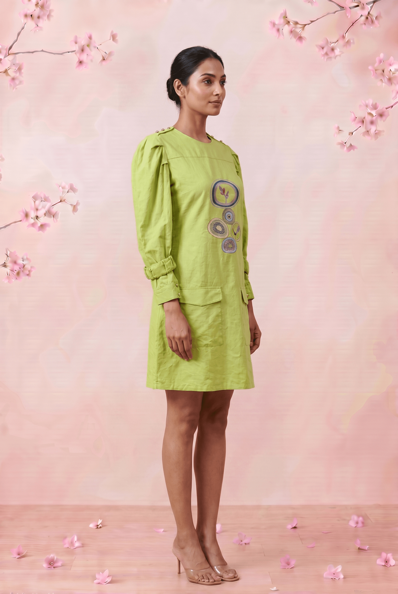 Green Hue Puff Sleeves with Structured Cuffs Embroidery Midi Dress - Western Era Dresses for women