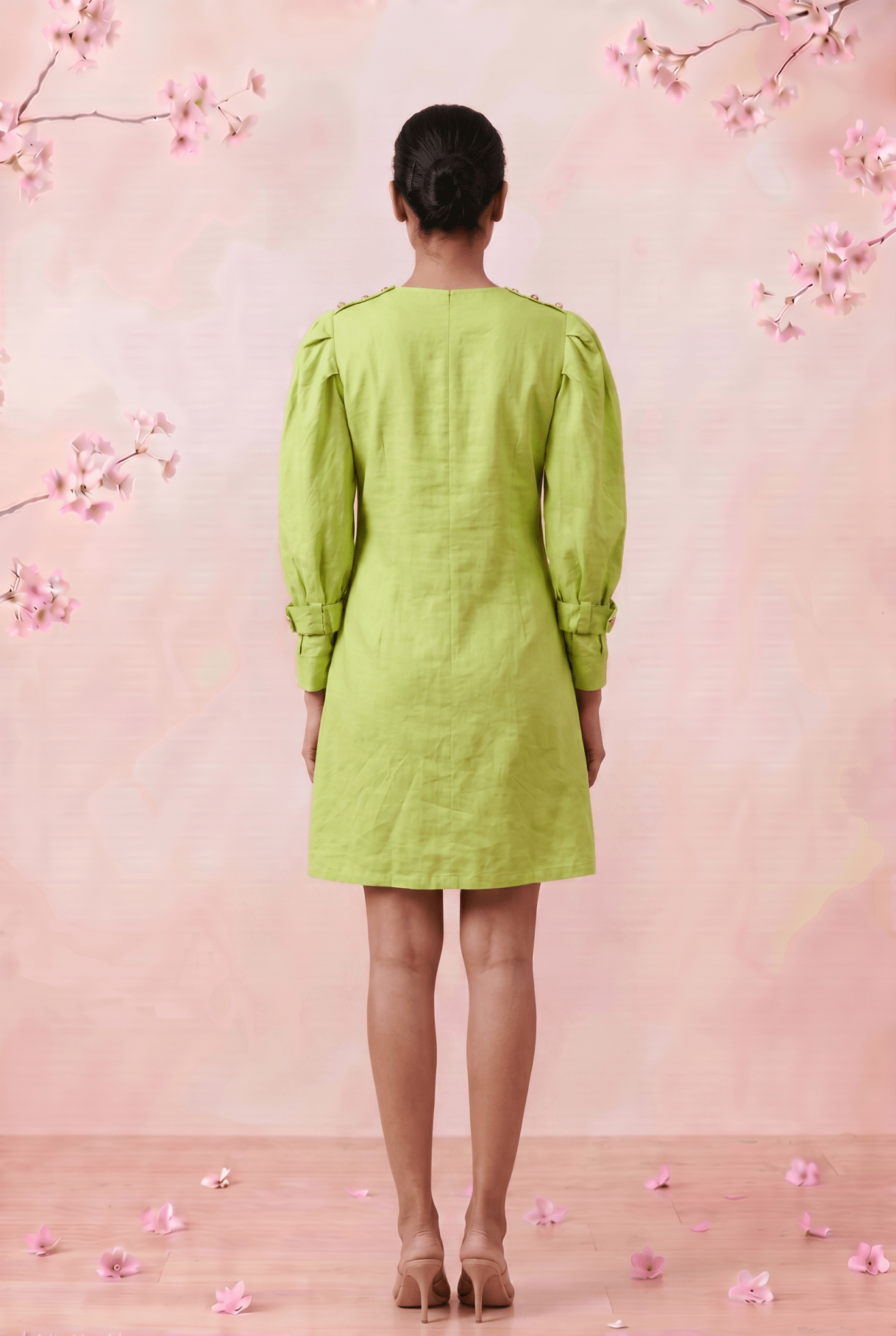 Green Hue Puff Sleeves with Structured Cuffs Embroidery Midi Dress - Western Era Dresses for women
