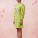 Green Hue Puff Sleeves with Structured Cuffs Embroidery Midi Dress - Western Era Dresses for women
