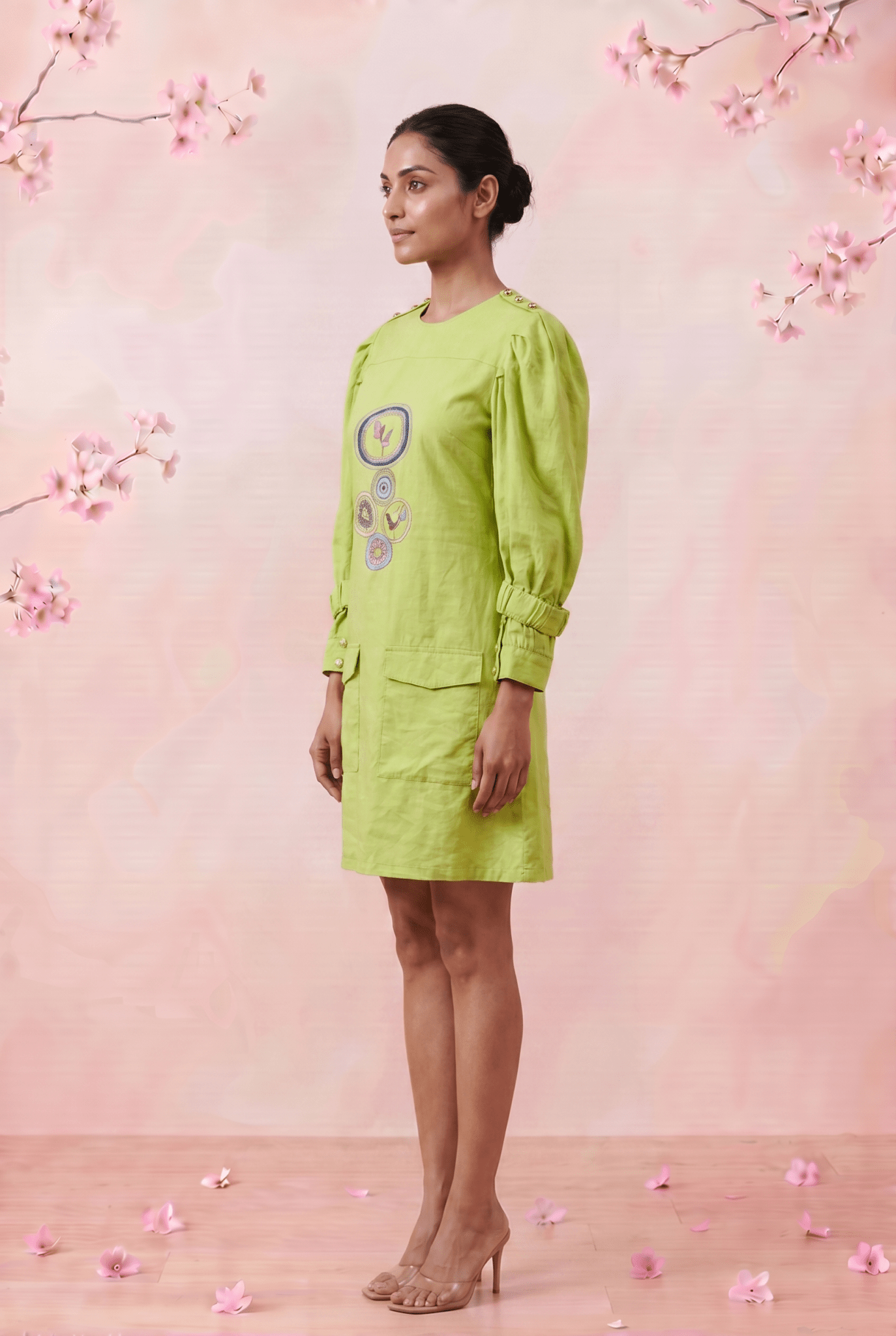 Green Hue Puff Sleeves with Structured Cuffs Embroidery Midi Dress - Western Era Dresses for women