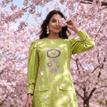 Green Hue Puff Sleeves with Structured Cuffs Embroidery Midi Dress - Western Era Dresses for women