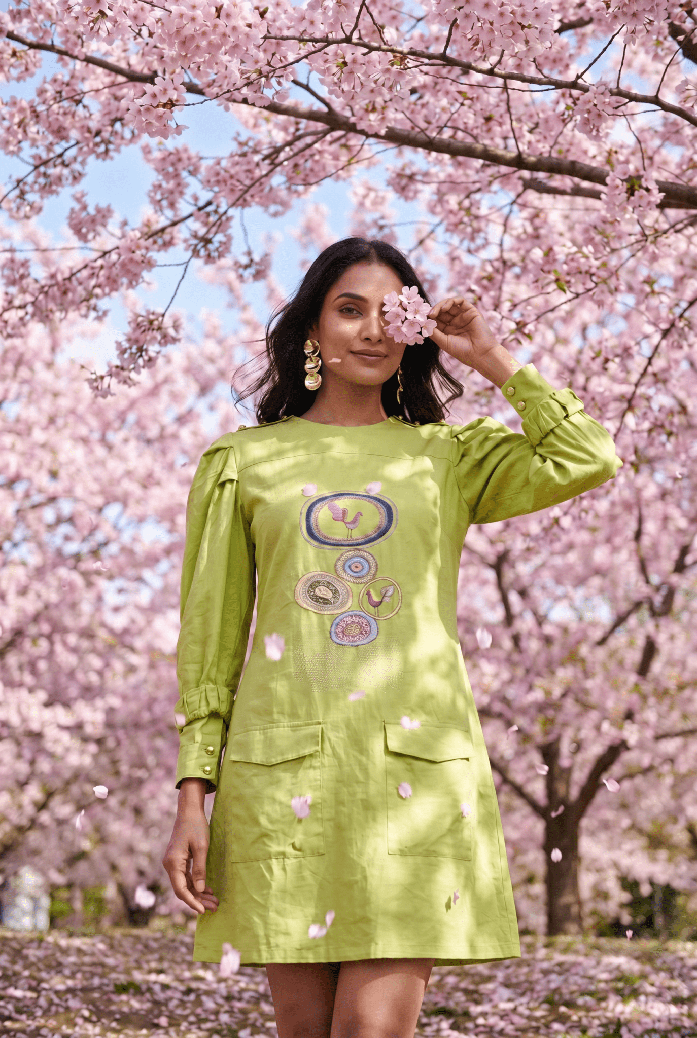 Green Hue Puff Sleeves with Structured Cuffs Embroidery Midi Dress - Western Era Dresses for women