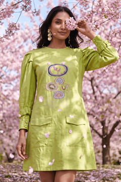 Green Hue Puff Sleeves with Structured Cuffs Embroidery Midi Dress - Western Era Dresses for women