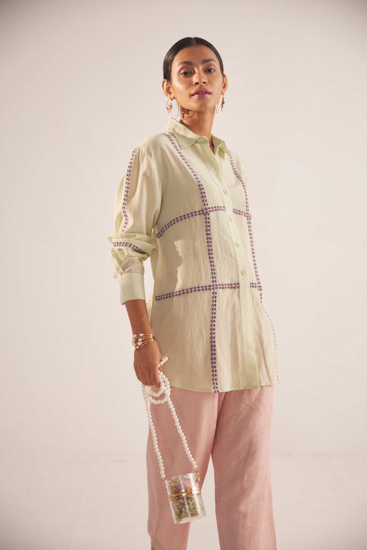 Green Line Embroidered Oversized Shirt - Western Era Tops for women